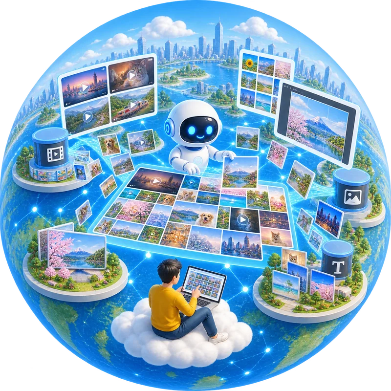 Videos and images arranged in a mosaic grid